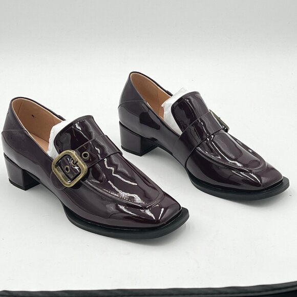 Shoes - Brown Women Low Platfrom Square Toe Penny Chunky Low Heel Buckle Strap Loafers